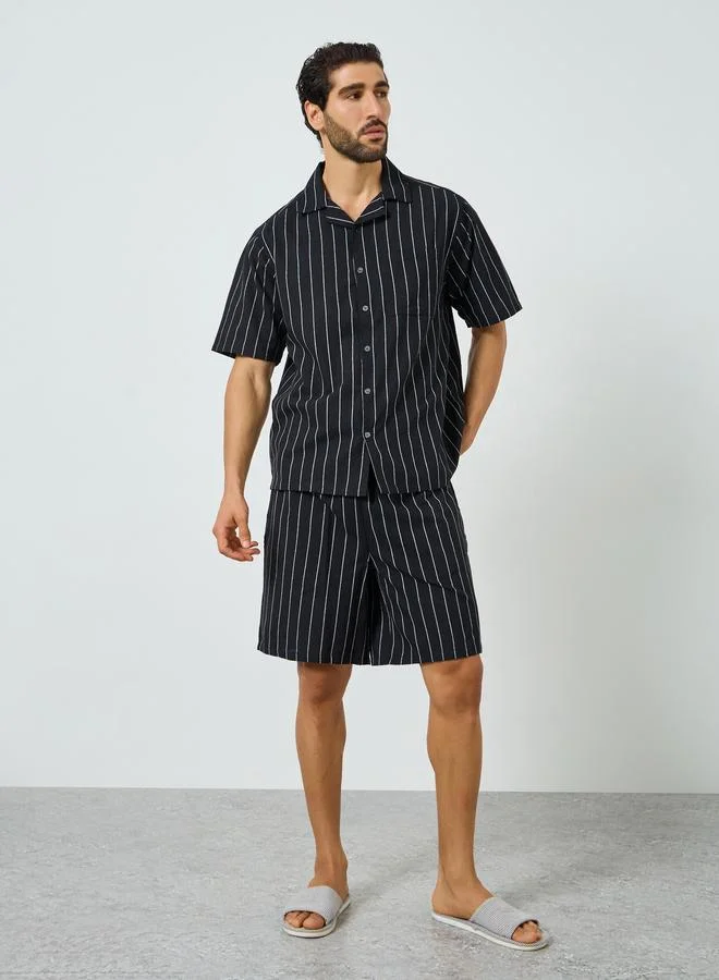 Men Black Striped Cotton Shirt and Shorts Set