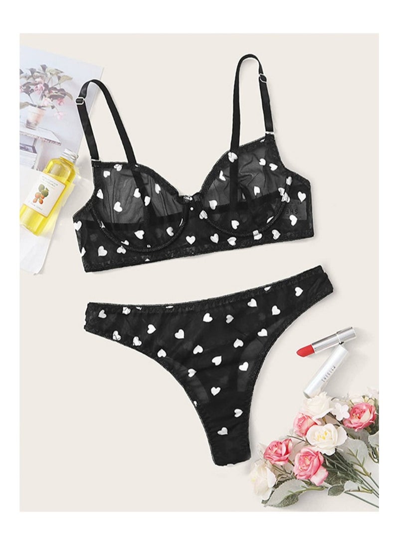 Generic - Lingerie Set Heart Pattern Mesh Underwire Lingerie Set - Image 1