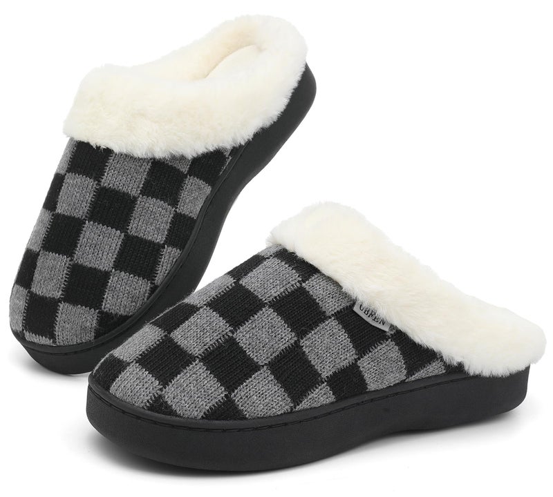 UBFEN Mens Womens Slippers Classic Plaid Winter Warm with Memory Foam Fluffy House Shoes Platform Indoor Bedroom Black Gray 9-10 Women/7-8 Men - Image 1