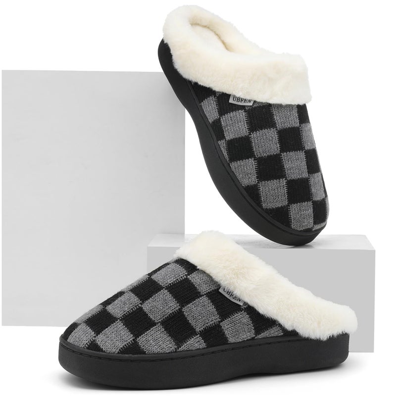 UBFEN Mens Womens Slippers Classic Plaid Winter Warm with Memory Foam Fluffy House Shoes Platform Indoor Bedroom Black Gray 9-10 Women/7-8 Men - Image 5
