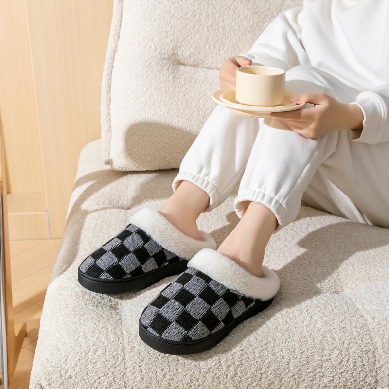 UBFEN Mens Womens Slippers Classic Plaid Winter Warm with Memory Foam Fluffy House Shoes Platform Indoor Bedroom Black Gray 9-10 Women/7-8 Men - Image 2