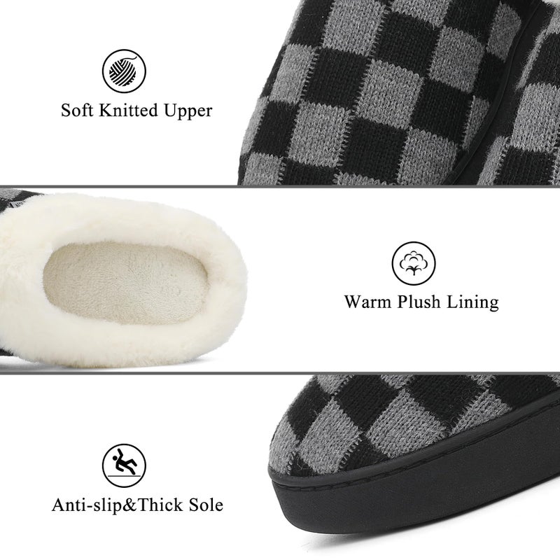 UBFEN Mens Womens Slippers Classic Plaid Winter Warm with Memory Foam Fluffy House Shoes Platform Indoor Bedroom Black Gray 9-10 Women/7-8 Men - Image 3