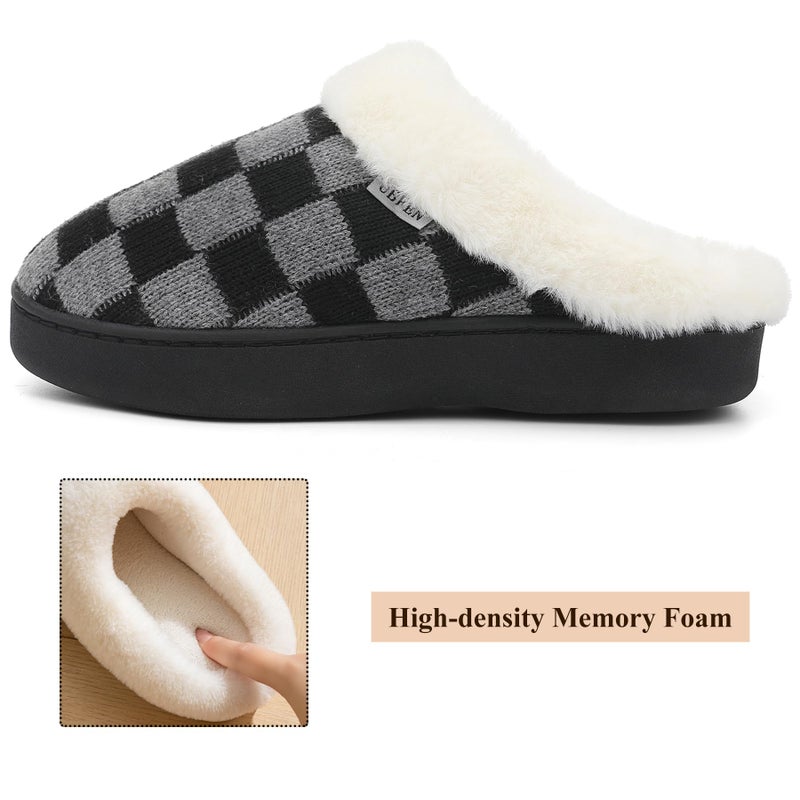 UBFEN Mens Womens Slippers Classic Plaid Winter Warm with Memory Foam Fluffy House Shoes Platform Indoor Bedroom Black Gray 9-10 Women/7-8 Men - Image 4
