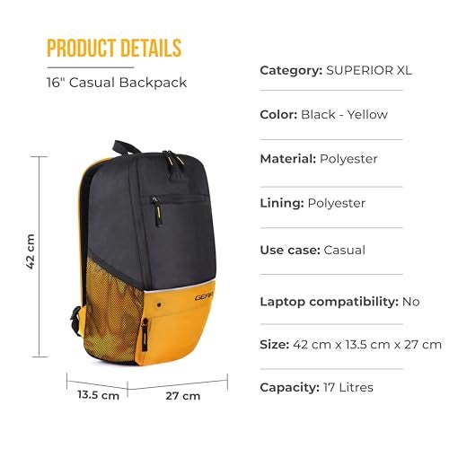 Gear Superior XL 16"/17L Small Water Resistant Backpack | Casual Backpack | College Bag |Travel Bag For Men/Women (Black - Yellow) - Image 2