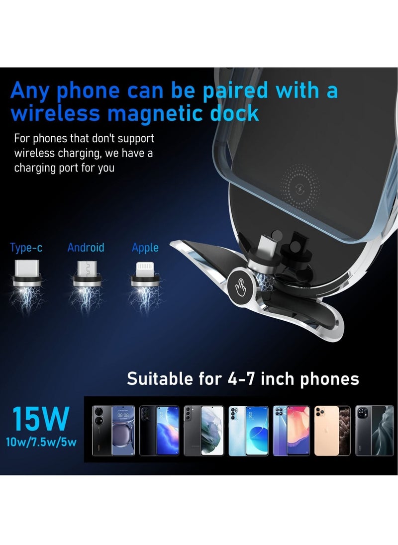Generic - Wireless Car Charger - 15W Qi Fast Charging, Smart Sensor Air Vent Mount for iPhone and All Smartphones - One-Hand Operation, 360° Rotation - Silver - Image 1