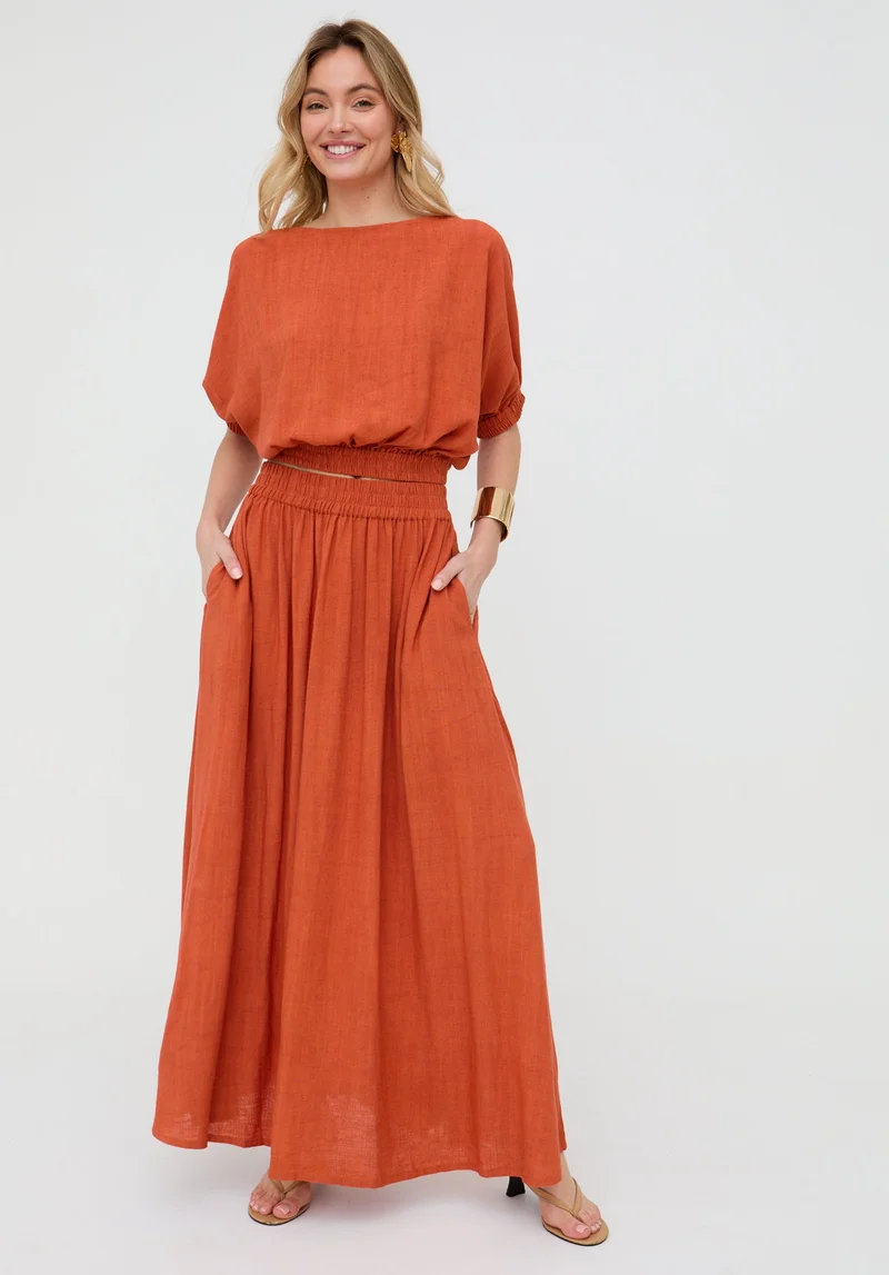 رافاي Sesame Elasticated Waist Maxi Skirt In Rust