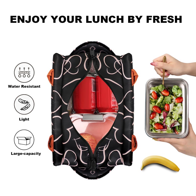 Joymee Lunch Bag Women Insulated Lunch Box Reusable Leakproof Large Spacious Cooler Tote for Women Men Adult with Bottle Holder and Side Pockets for Work Office Travel Picnic - Love Heart - Image 3