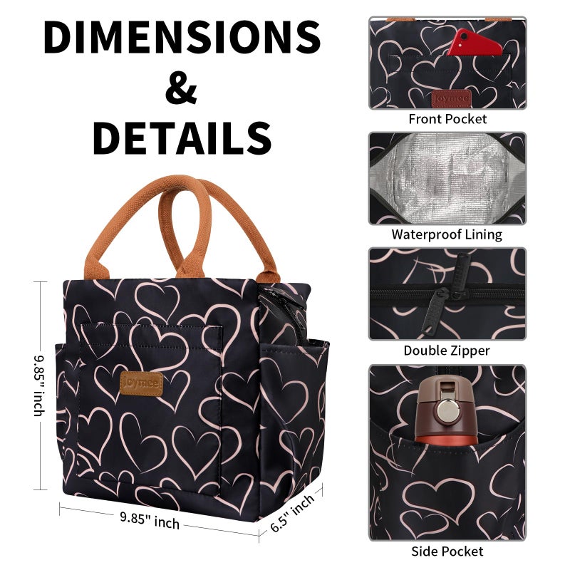 Joymee Lunch Bag Women Insulated Lunch Box Reusable Leakproof Large Spacious Cooler Tote for Women Men Adult with Bottle Holder and Side Pockets for Work Office Travel Picnic - Love Heart - Image 2