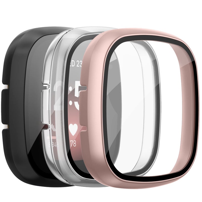 Mugust [3 Pack] Screen Protector for Fitbit Sense/Versa 3 with HD Tempered Glass Sensitive Touch Protective Case, Hard PC Cover with Full Coverage Bumper (Rose Gold/Black/Transparent) - Image 1