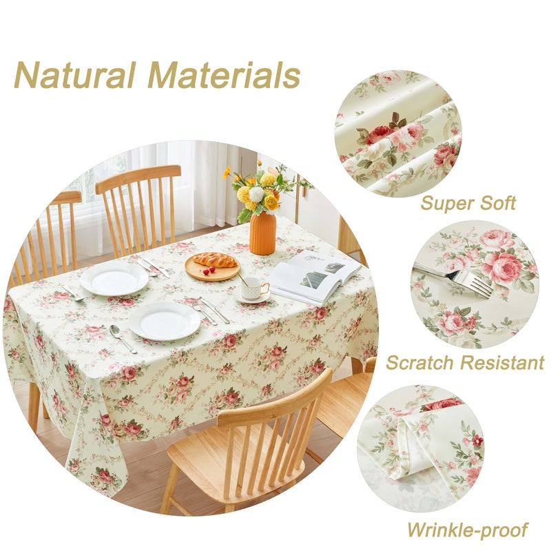 Qahing Vintage Floral Rectangle Tablecloth Shabby Chic Flower Table Cloth Spring Table Cover Waterproof for Dinner Kitchen Picnic, Pink, 60x84 Inches - Image 5