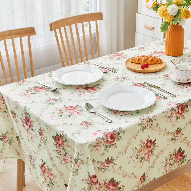 Qahing Vintage Floral Rectangle Tablecloth Shabby Chic Flower Table Cloth Spring Table Cover Waterproof for Dinner Kitchen Picnic, Pink, 60x84 Inches - Image 2