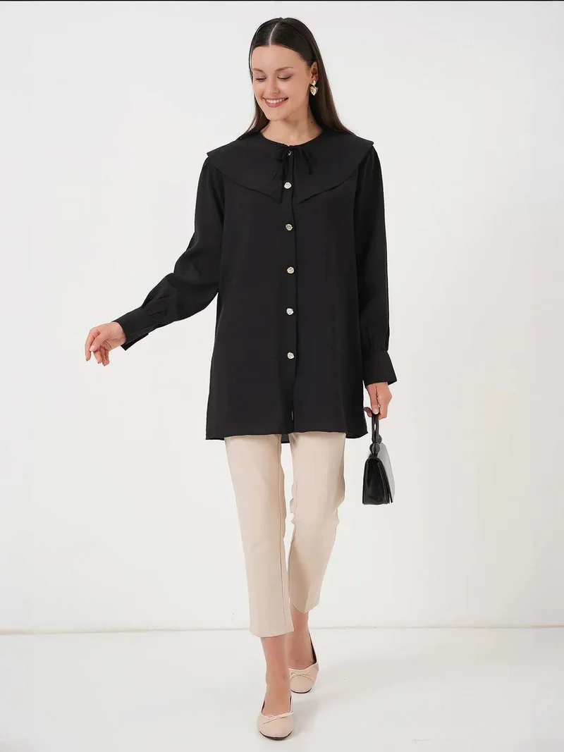 بيغ دارت بلوزة  فضفاضة طويلة بياقة بيبي وربطة عنق