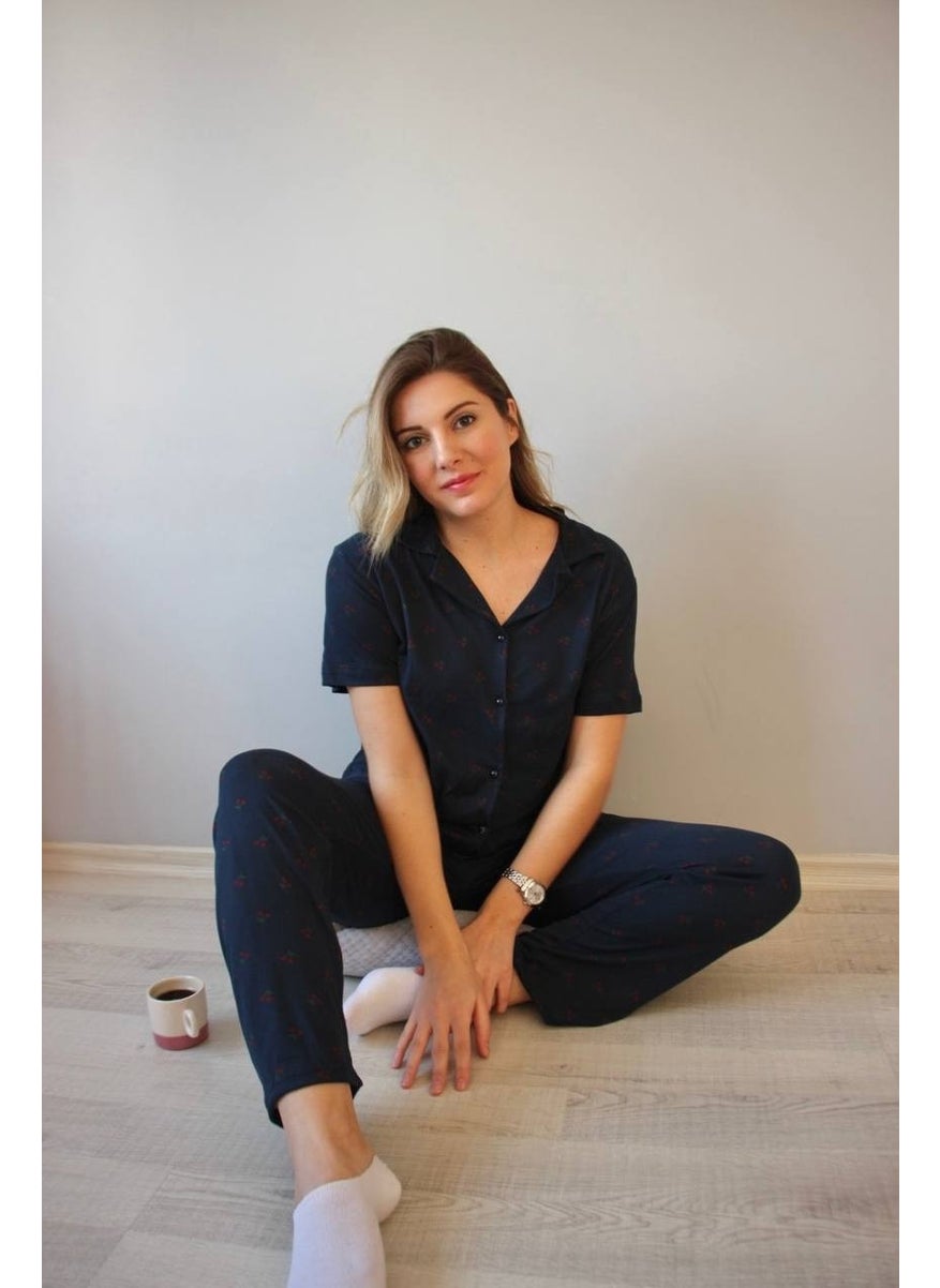 Bie's Women's Low Sleeve Oversize Top Front Buttoned Short Sleeve Viscose Shirt Collar Pajama Set  - Image 1