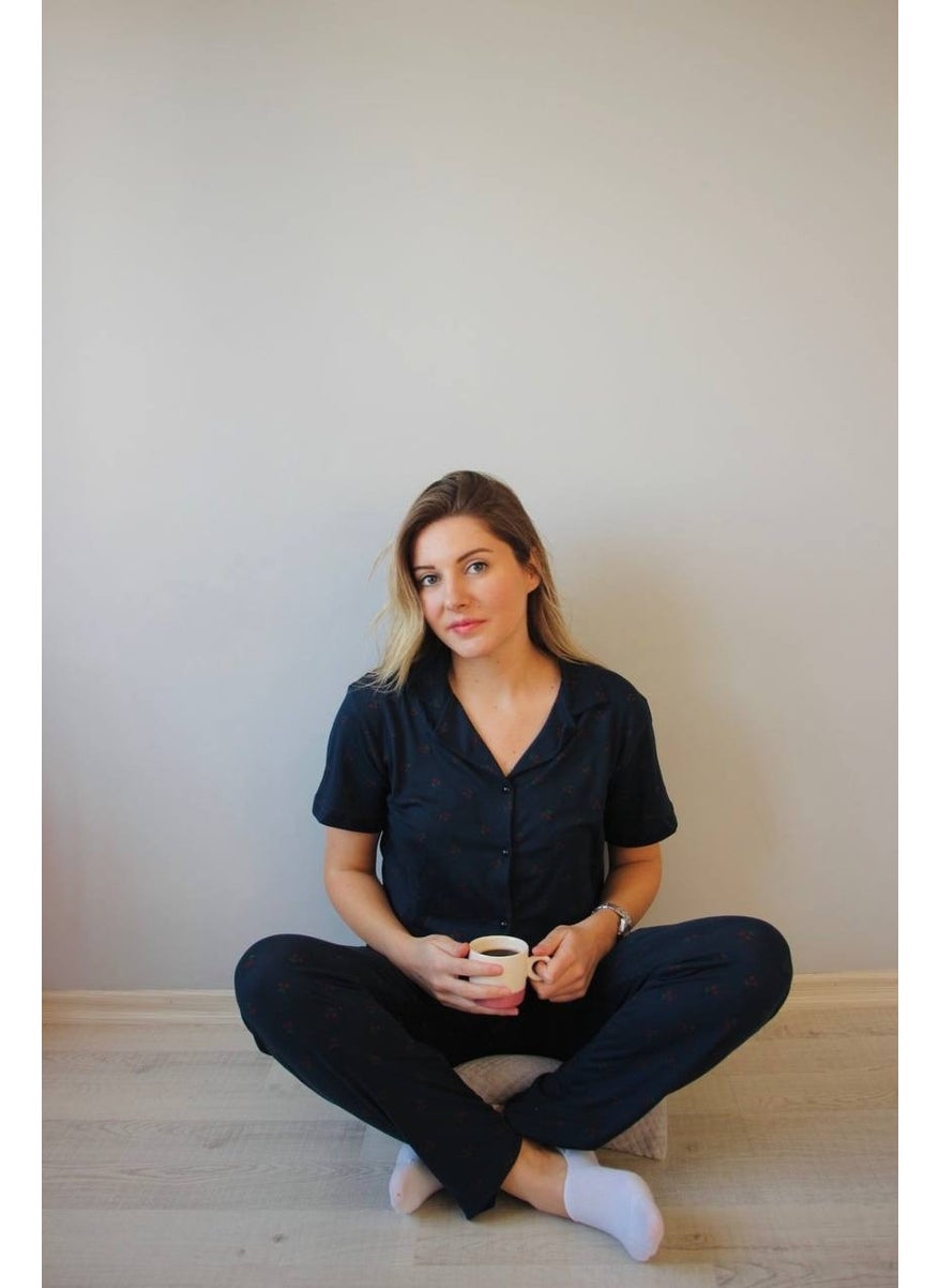 Bie's Women's Low Sleeve Oversize Top Front Buttoned Short Sleeve Viscose Shirt Collar Pajama Set  - Image 2