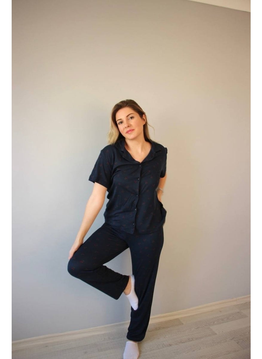 Bie's Women's Low Sleeve Oversize Top Front Buttoned Short Sleeve Viscose Shirt Collar Pajama Set  - Image 3