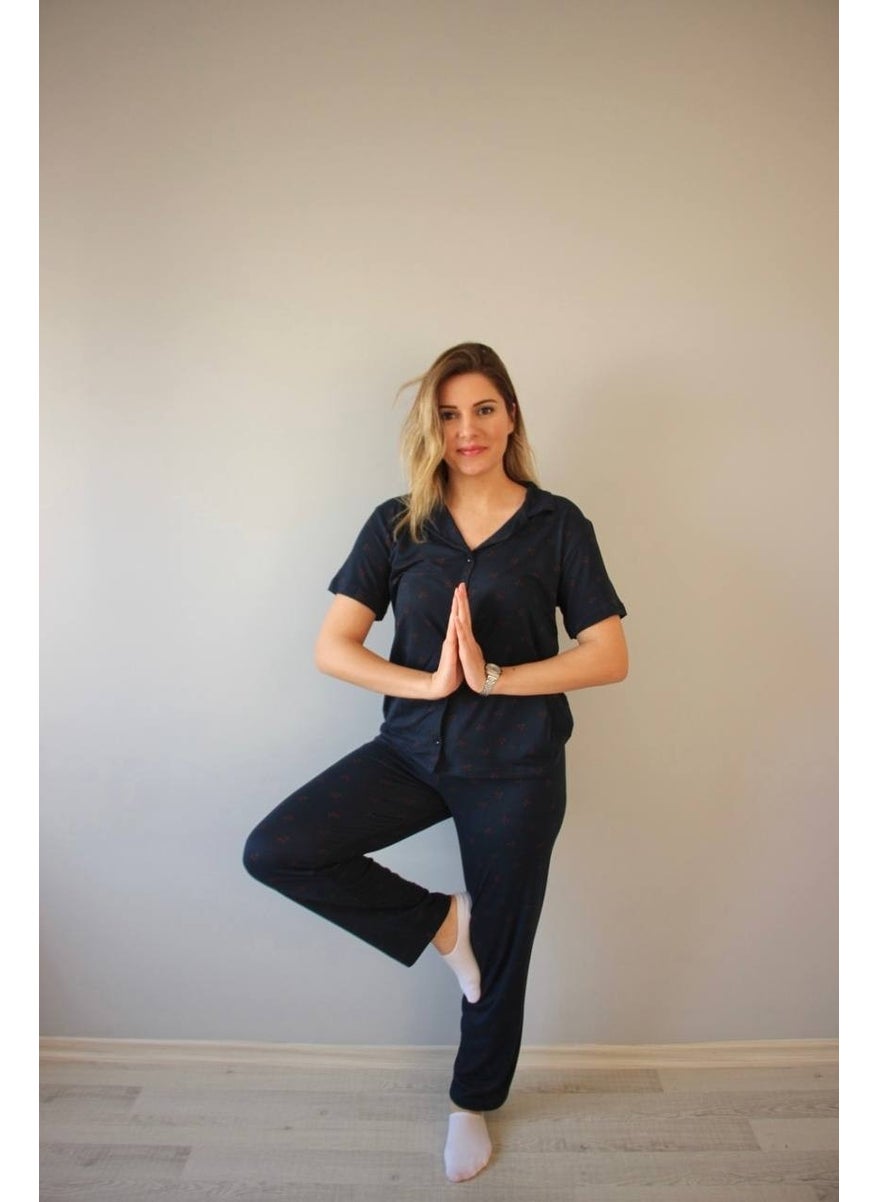 Bie's Women's Low Sleeve Oversize Top Front Buttoned Short Sleeve Viscose Shirt Collar Pajama Set  - Image 4