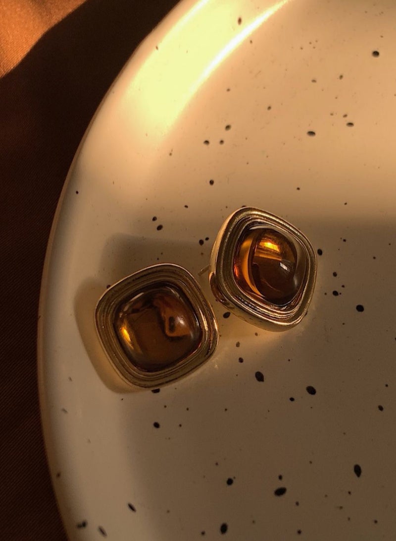 Square orange jewel earrings stud, delicate sparkly simple fashion accessories - Image 2