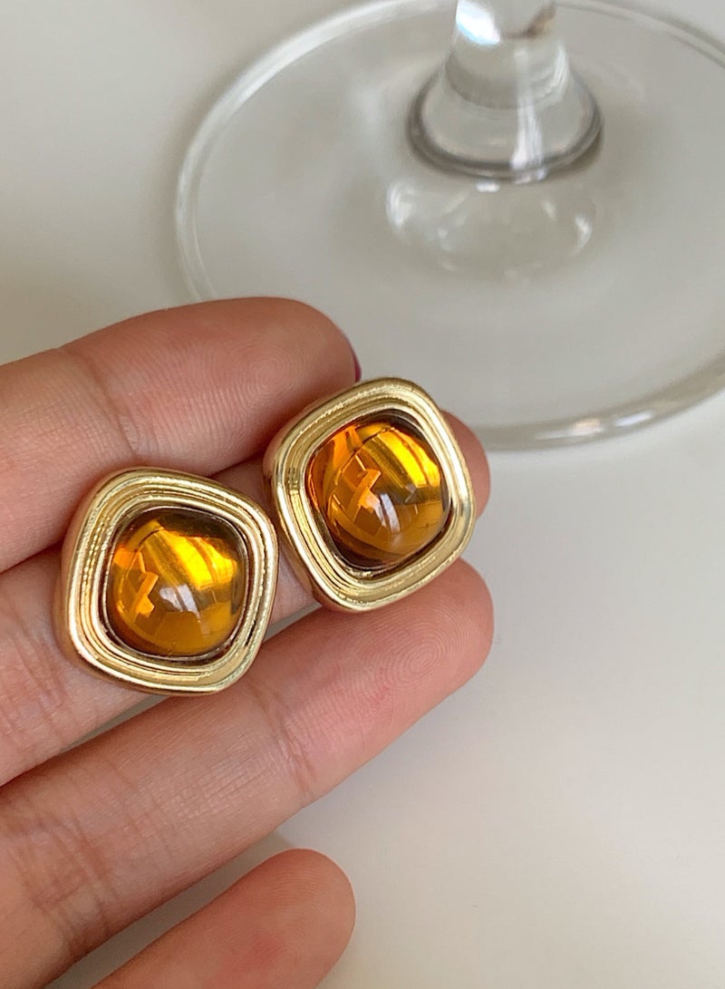 Square orange jewel earrings stud, delicate sparkly simple fashion accessories - Image 4