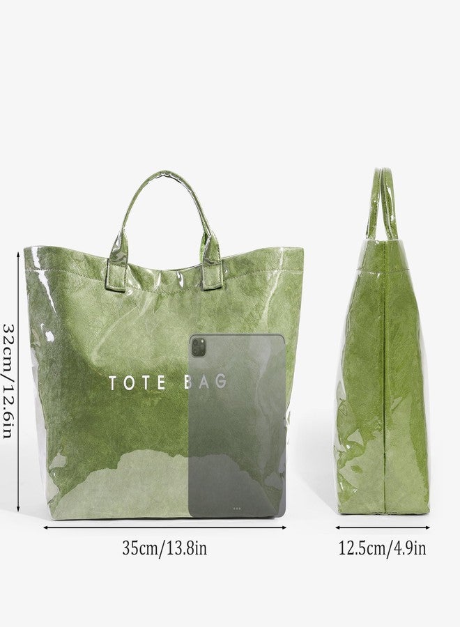 Lushandy PVC Tote Bag for Women Large Plastic Tote Bag for Work Letter Print Hobo bag Kraft Paper Work Handbags Purses, Grass Green, 13.19 x 5.71 11.81 inches - Image 4