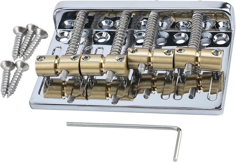 OVSAL Chrome Electric Bass Guitar Bridge with Brass Saddles Zinc Alloy Plate 4 String Fixed Bridge Compatible with Fender Jazz Precision Bass Bridge Replacement Parts - Image 1