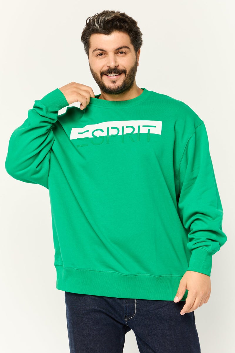 ESPRIT Men Ribbed Collar Brand Logo Long Sleeves Sweatshirt, Green - Image 1