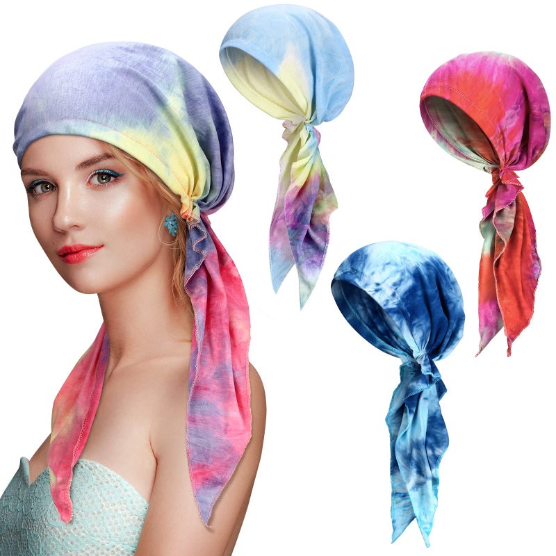 Sintege 4 Pcs Women Head Scarf Pre Tied Chemo Caps Slip on Turban Headwear Cancer Head Wraps Beanie Hat Bandana(Tie Dye Style) - Image 1