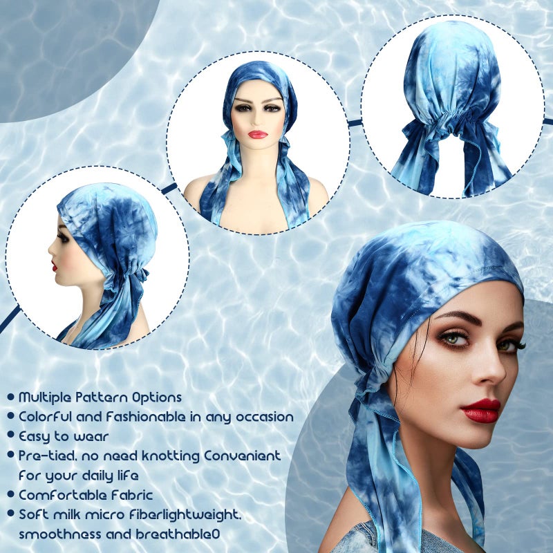 Sintege 4 Pcs Women Head Scarf Pre Tied Chemo Caps Slip on Turban Headwear Cancer Head Wraps Beanie Hat Bandana(Tie Dye Style) - Image 3