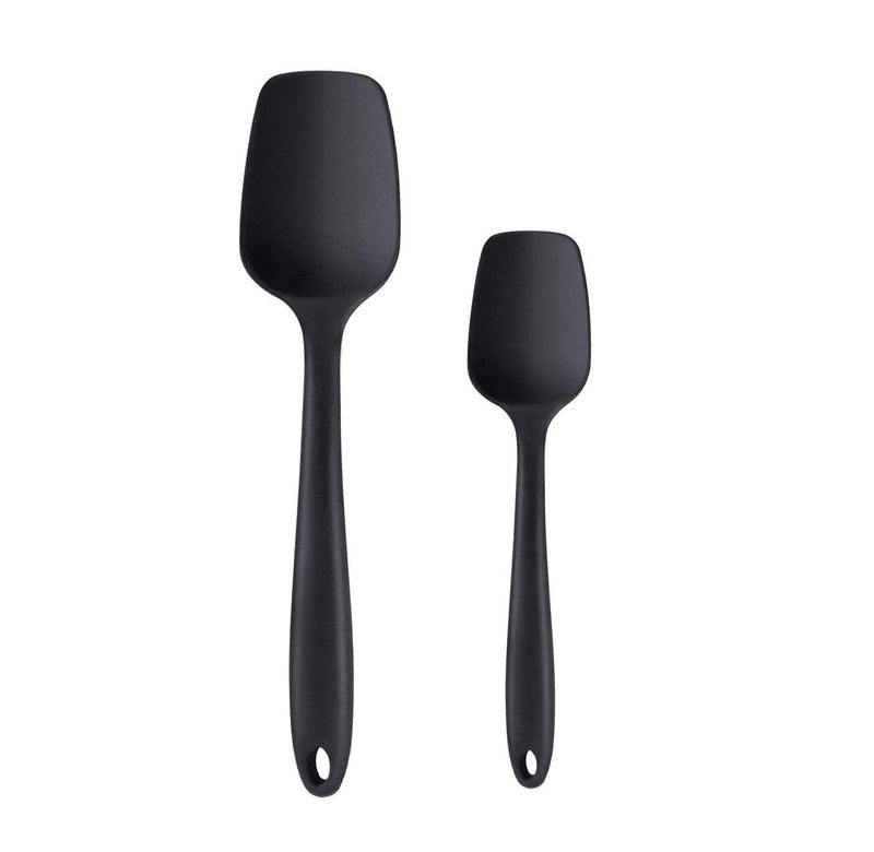 P-Plus International Silicone Non-Stick Heat Resistant Kitchen Utensil Silicone Spatula Spoon Big 27cm+Spatula Spoon Small 20.6cm Set of 2 (Black) - Image 1