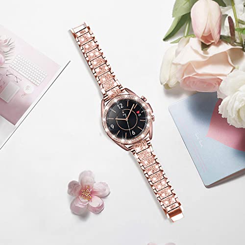 DEALELE Bands Compatible with Samsung Galaxy Watch 3 (41mm), 20mm Bling Diamond Stainless Steel Metal Bracelet with Rhinestone Bezel Ring Case Cover Replacement for Women Men (Rose gold) - Image 3