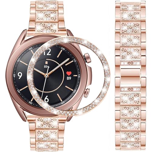 DEALELE Bands Compatible with Samsung Galaxy Watch 3 (41mm), 20mm Bling Diamond Stainless Steel Metal Bracelet with Rhinestone Bezel Ring Case Cover Replacement for Women Men (Rose gold) - Image 1