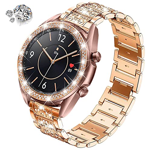 DEALELE Bands Compatible with Samsung Galaxy Watch 3 (41mm), 20mm Bling Diamond Stainless Steel Metal Bracelet with Rhinestone Bezel Ring Case Cover Replacement for Women Men (Rose gold) - Image 2