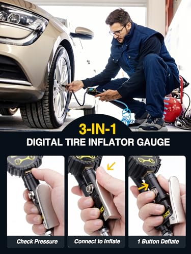 AZUNO Digital Tire Inflator with Pressure Gauge, 200 PSI, Heavy Duty Air Compressor Accessories, w/Rubber Hose Lock on Air Chuck and Quick Connect Coupler - Image 4