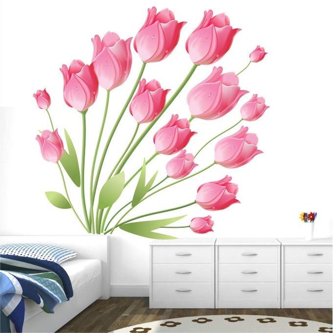 'PINK TULIP BLOOMING BEAUTIFUL FLOWERS WALL STICKERS' - SM1020 (PVC VINYL - 100CM X 100 CM)