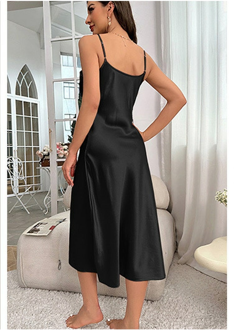 Loquat - Women's Solid Color Imitation Silk Nightgown Sleepwear V-Neck Midi Slip Dress With Adjustable Straps Soft Loungewear Sleepwear Dress Black - Image 1