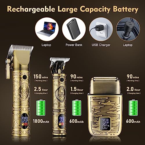 Dumite Professional Hair Clippers for Men,Hair Clippers+T-Blade Trimmer+Electric Shaver+Nose Hair Trimmer Set,4 in 1 Cordless Barber Hair Cutting Kit LCD Display Gifts (Gold) - Image 2