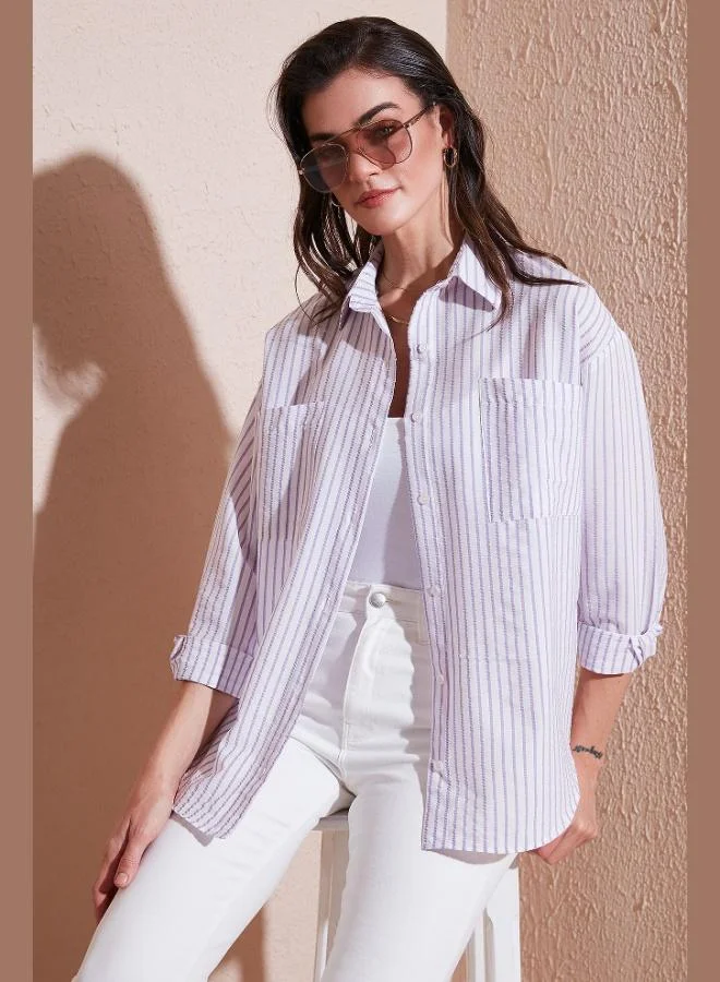 ليلا قميص نسائي مخطط بأكمام طويلة بقصة عادية من ليلا