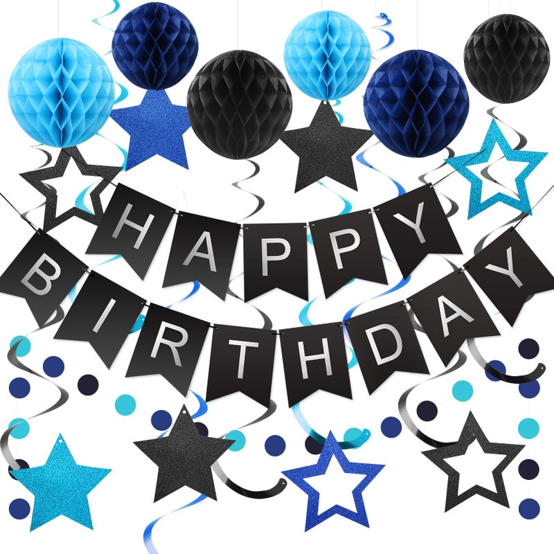 meowtastic Birthday Decorations, Happy Birthday Banner with Honeycomb Balls, Stars Hanging Swirl Streamers, Circle Dots Garland, Happy Birthday Party Decorations for Women Men Boys Girls (Black&Blue) - Image 1
