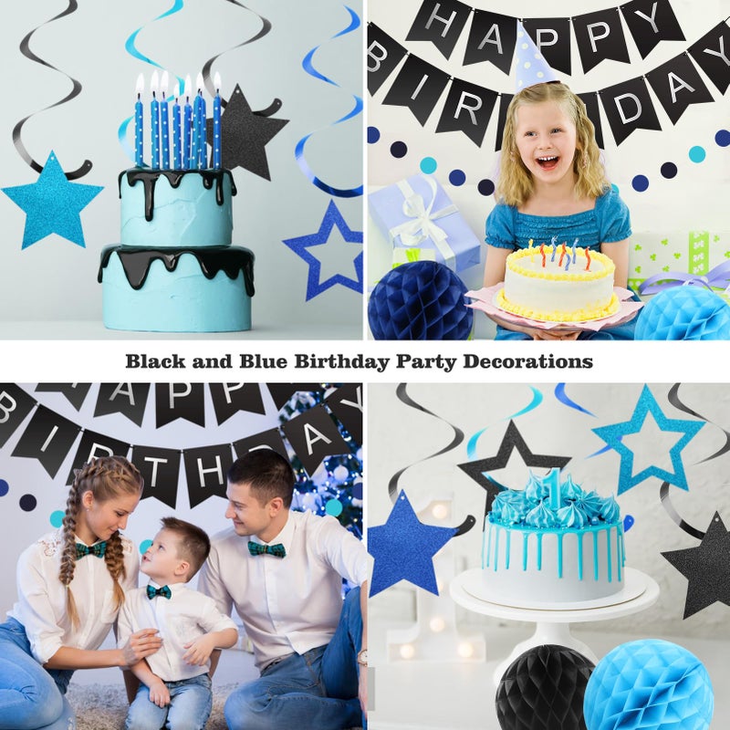 meowtastic Birthday Decorations, Happy Birthday Banner with Honeycomb Balls, Stars Hanging Swirl Streamers, Circle Dots Garland, Happy Birthday Party Decorations for Women Men Boys Girls (Black&Blue) - Image 4
