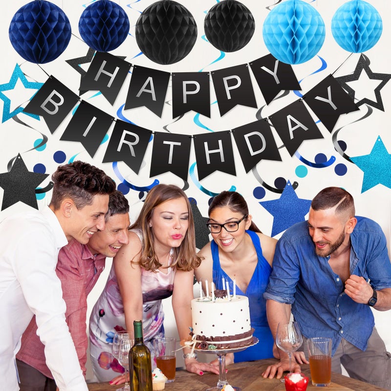 meowtastic Birthday Decorations, Happy Birthday Banner with Honeycomb Balls, Stars Hanging Swirl Streamers, Circle Dots Garland, Happy Birthday Party Decorations for Women Men Boys Girls (Black&Blue) - Image 5
