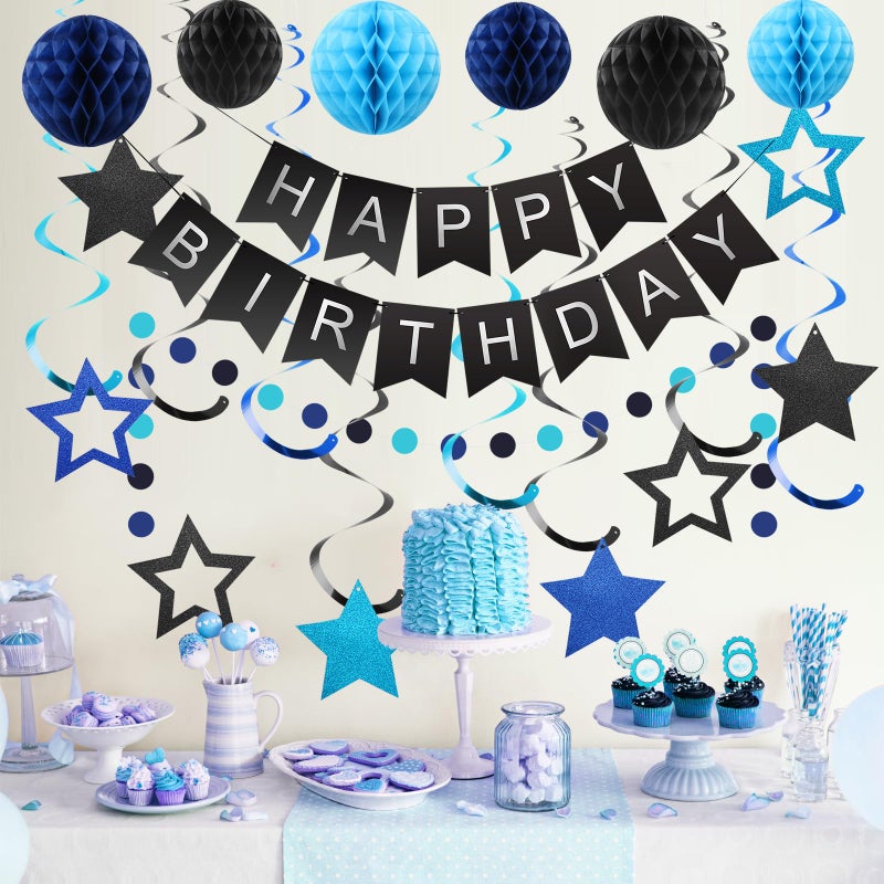 meowtastic Birthday Decorations, Happy Birthday Banner with Honeycomb Balls, Stars Hanging Swirl Streamers, Circle Dots Garland, Happy Birthday Party Decorations for Women Men Boys Girls (Black&Blue) - Image 2