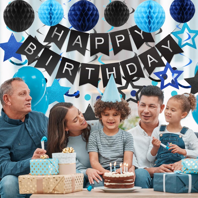 meowtastic Birthday Decorations, Happy Birthday Banner with Honeycomb Balls, Stars Hanging Swirl Streamers, Circle Dots Garland, Happy Birthday Party Decorations for Women Men Boys Girls (Black&Blue) - Image 3