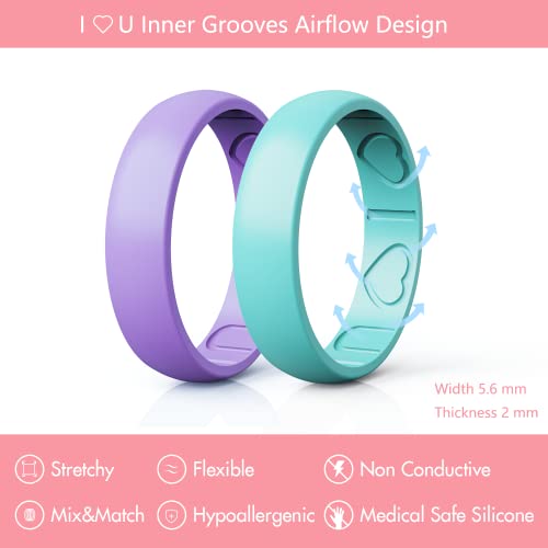 Qinaoco Silicone Rings for Women - Heart [I Love U] Pattern Airflow Inner Grooves Breathable Rubber Wedding Ring Silicone Wedding Bands for Women - 8 Rings / 4 Rings - Image 2