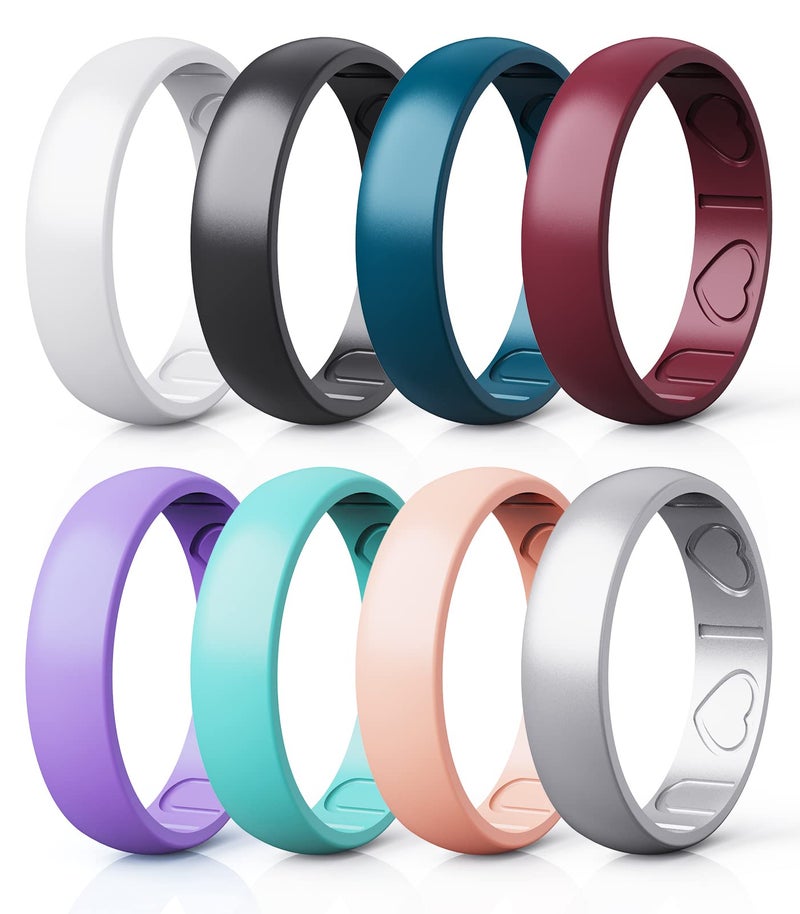 Qinaoco Silicone Rings for Women - Heart [I Love U] Pattern Airflow Inner Grooves Breathable Rubber Wedding Ring Silicone Wedding Bands for Women - 8 Rings / 4 Rings - Image 1