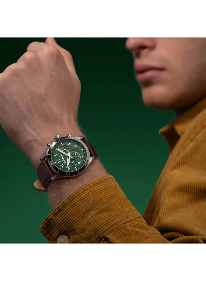 Timberland Men's Ashmont 44 mm Men's Multifunction Watch Green Dial  & Brown Leather Strap