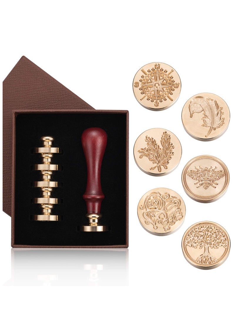 Vintage Wax Seal Stamp Set with 6 Unique Stamp Heads (Tree of Life, Bee, Rosemary, Compass, Feather, For You) and 1 Wooden Handle for Wedding Invitations, Card Envelopes, and Gift Wrapping. - Image 1