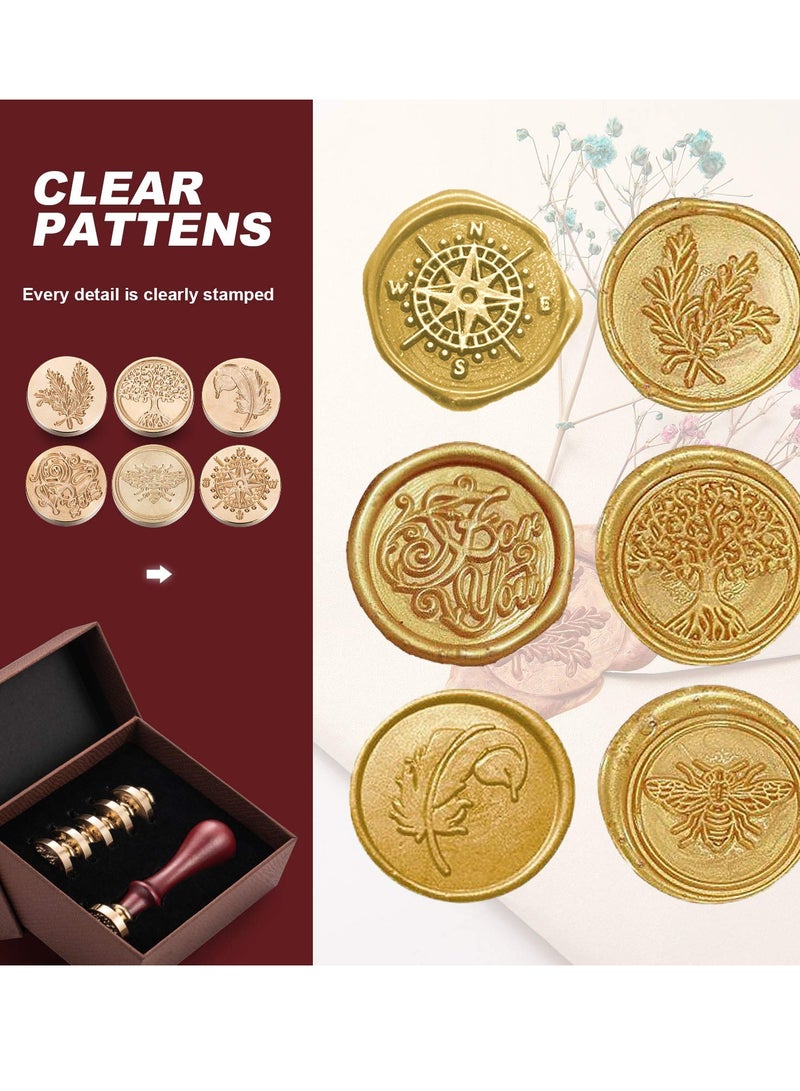 Vintage Wax Seal Stamp Set with 6 Unique Stamp Heads (Tree of Life, Bee, Rosemary, Compass, Feather, For You) and 1 Wooden Handle for Wedding Invitations, Card Envelopes, and Gift Wrapping. - Image 2