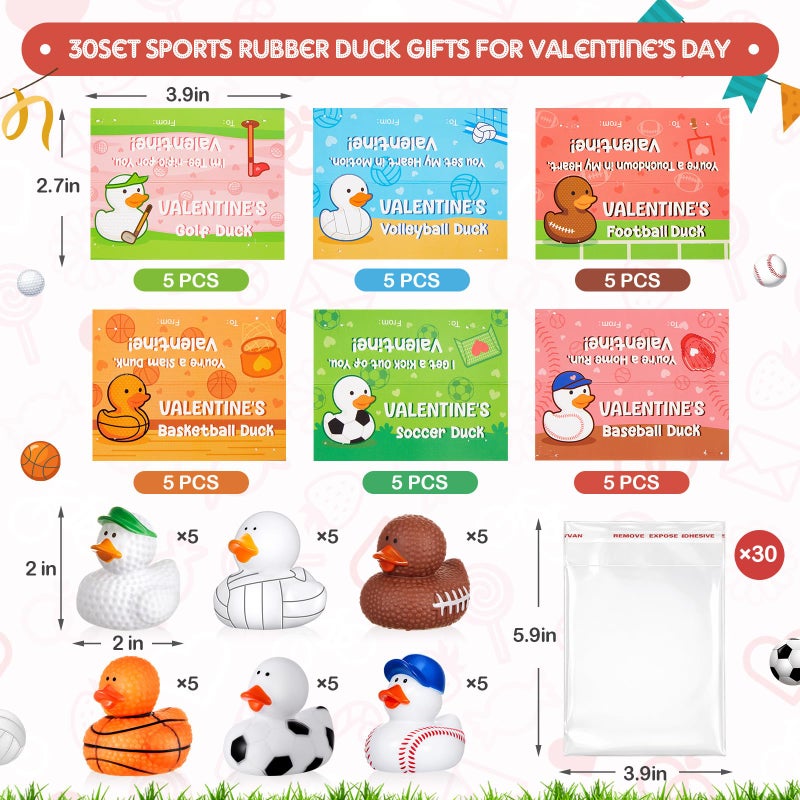 Deekin 30 Packs Valentines Gifts for Kids 2 Inches Sports Valentines Rubber Ducks Valentine's Day Exchange Gifts for Boys Girls School Classroom Prizes Cruise Ships Party Favors - Image 2
