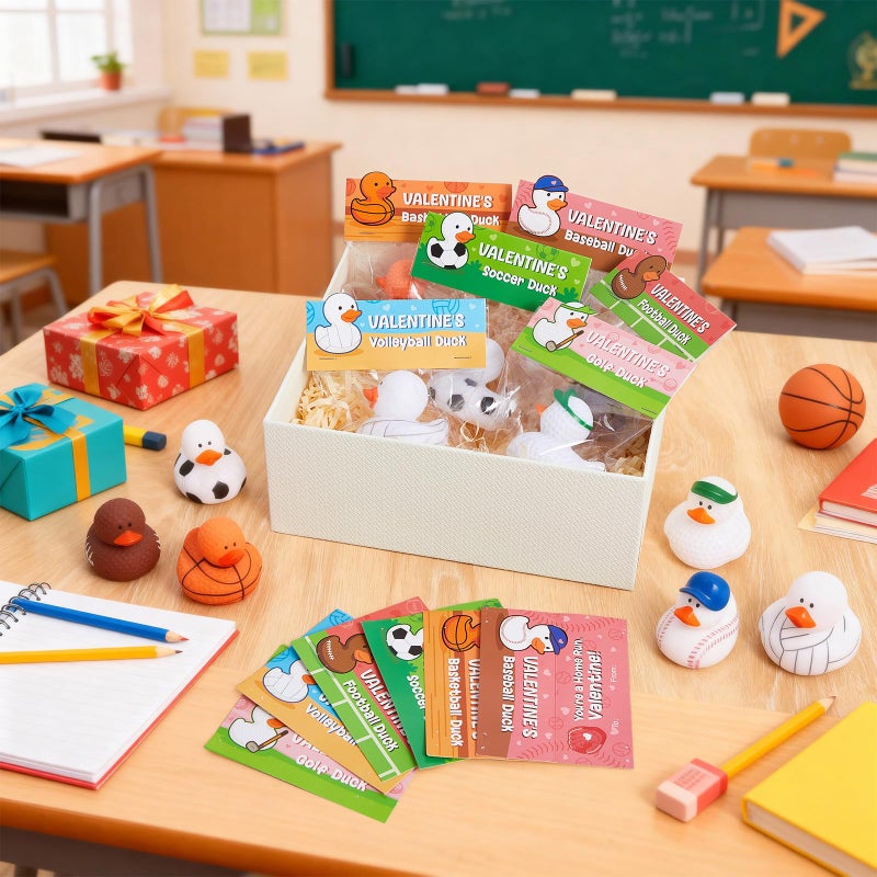 Deekin 30 Packs Valentines Gifts for Kids 2 Inches Sports Valentines Rubber Ducks Valentine's Day Exchange Gifts for Boys Girls School Classroom Prizes Cruise Ships Party Favors - Image 3