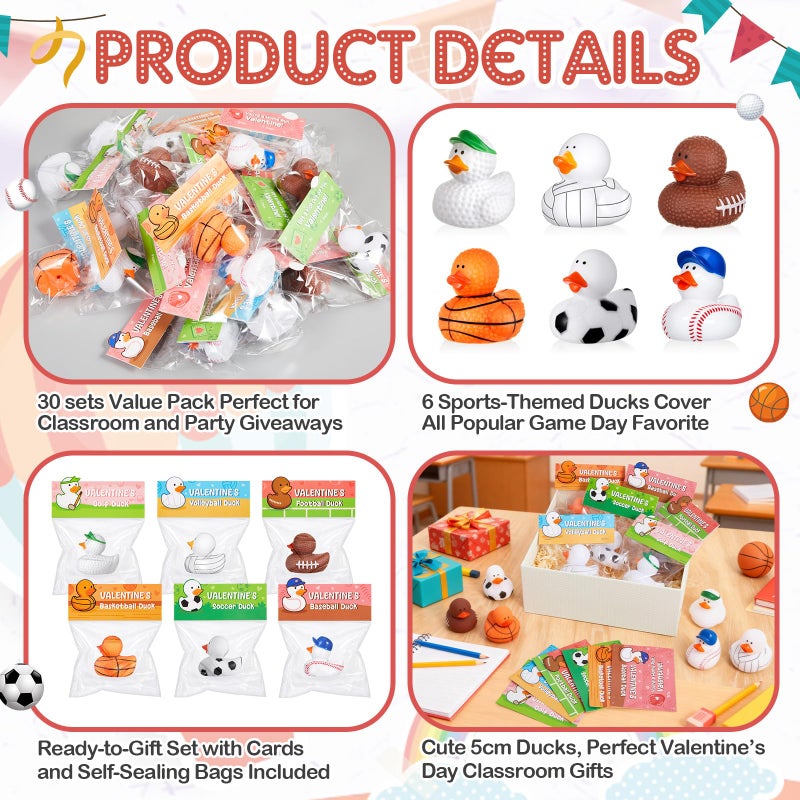 Deekin 30 Packs Valentines Gifts for Kids 2 Inches Sports Valentines Rubber Ducks Valentine's Day Exchange Gifts for Boys Girls School Classroom Prizes Cruise Ships Party Favors - Image 4