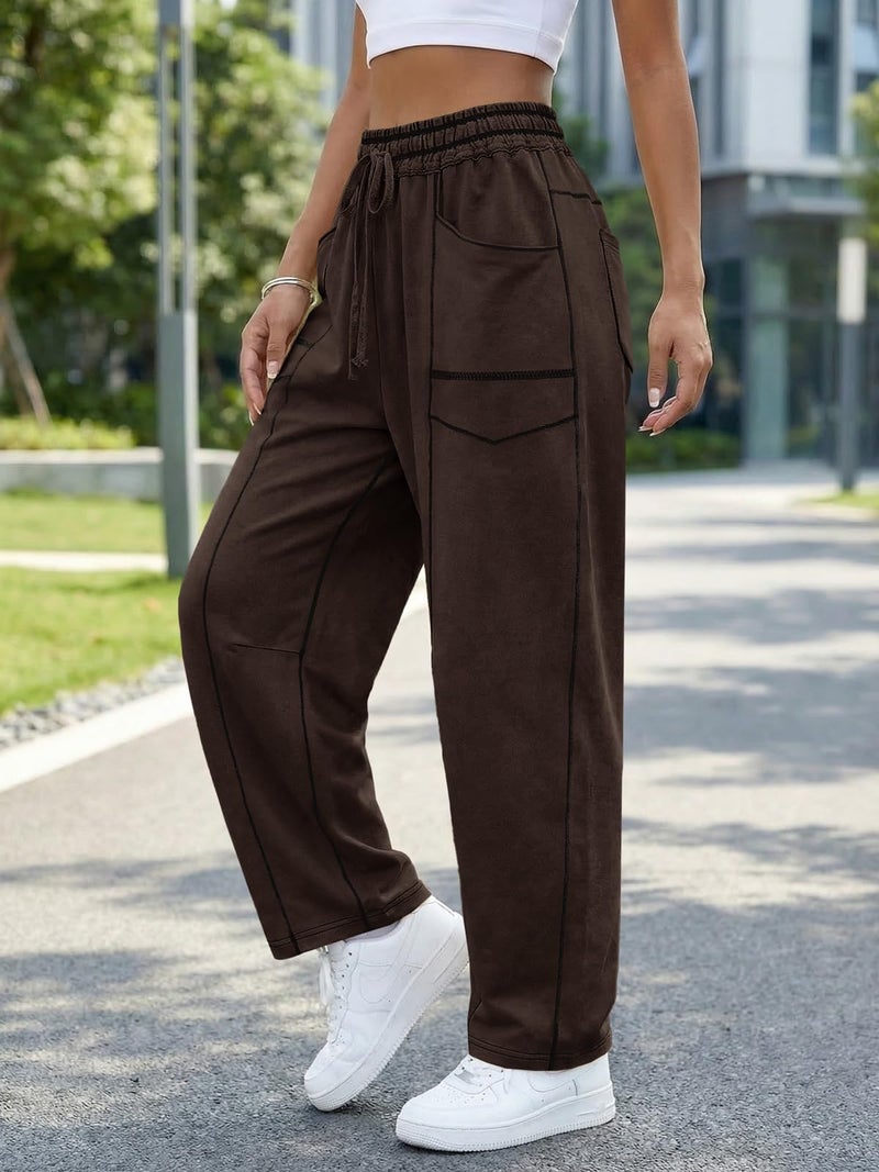 Aoysky Womens Baggy Barrel Wide Leg Pants Casual Drawstring Elastic Waist Contrast Stitch Workout Sweat Pants with Pockets Coffee - Image 2